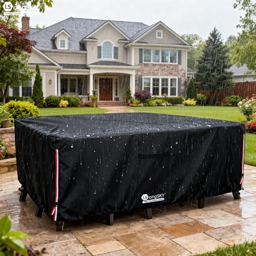LSongSKY Outdoor Furniture Covers Waterproof,600D Heavy Duty Patio Furniture Covers for 6/7/8 PCS Sets Sectional Sofa Couch Rocking Swivel Chairs Ottomans Coffee Table,111L x 74W x 28H inch Black