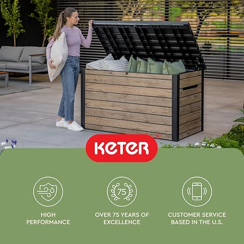 Keter Signature Collection 230 Gallon Resin Deck Box Organization and Storage Box for Patio Outdoor Cushions, Throw Pillows, Garden Tools and Pool Supplies, Pine