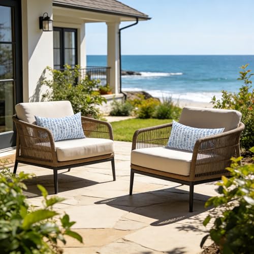LVTXIII Set of 2 Patio Lumbar Pillows, 12”x20” Fade Resistant Outdoor Lumbar Pillow with Inners, Fluffy Decorative Garden Lumbar Cushions for Home Patio Coach Sofa Use, Pebble Blue