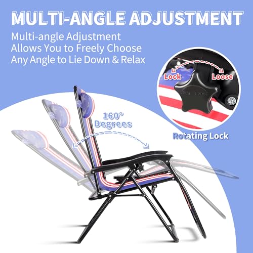Northroad Set of 2 Zero Gravity Lounge Chairs Adjustable Steel Mesh Relaxing Recliners Outdoor Folding Patio Lawn Chair w/Pillows & Cup Holder Trays - American Flag