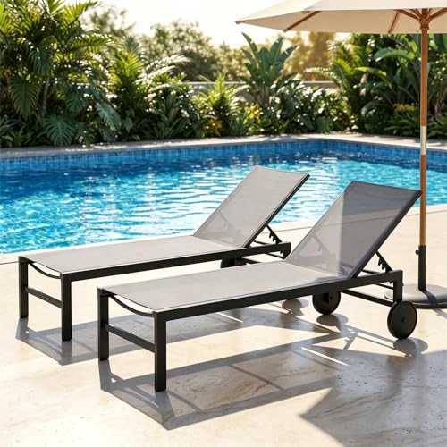 SUNLEI Patio Lounge Chair Outdoor Set of 2, Outdoor Chaise Lounge w/5-Position Adjustable Backrest & All Weather, Pool Lounge Chairs for Pool Beach Deck (Light Grey, 2 Pieces)
