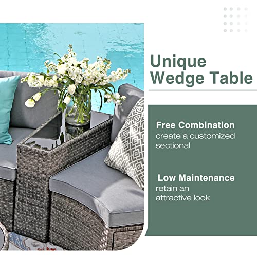 SUNSITT Outdoor Patio Furniture 11-Piece Half-Moon Sectional Round Set Curved Sofa with Tempered Glass Coffee Table, 4 Pillows, Grey Rattan