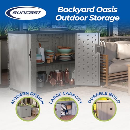 Suncast 130-Gallon Backyard Oasis Basic Unit Lockable Outdoor Storage Cabinet, Peppercorn, Made in The USA