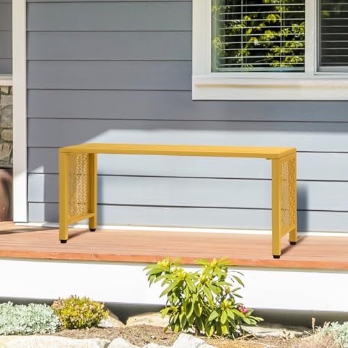 VINGLI 40in Outdoor Metal Bench, All-Weathe Backless Patio Bench with Slatted Seat＆Floral Side Panels, Rust-Resistant Garden Bench, Weatherproof Outdoor Seating for Porch Entryway Backyard (Yellow)