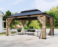 AMERLIFE 12' x 14' Heavy Duty Hardtop Gazebo with Double Metal Roof, Wood Gazebo with Privacy Curtains & Mosquito Netting, Outdoor Pavilion for Backyard, Garden & Patio, Brown