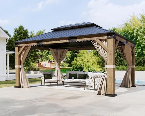 AMERLIFE 12' x 14' Heavy Duty Hardtop Gazebo with Double Metal Roof, Wood Gazebo with Privacy Curtains & Mosquito Netting, Outdoor Pavilion for Backyard, Garden & Patio, Brown