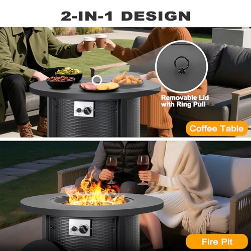 Nuu Garden 30'' Outdoor Round Propane Fire Pit Table, CSA-Certified 2-in-1 Gas Fire Pit with Rattan-Embossed Metal Frame, Stainless Steel Burner, Lid & Lava Rocks, for Patio Dining & Party, Black