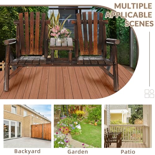 EPICOZY Outdoor 2-Person Wooden Adirondack Bench, Conversation Furniture Set with Patio Rustic Loveseat & Built-in Table, Carbonized Garden Bench Fire Pit Chair for Backyard Porch Pool Deck