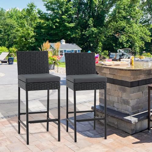 ECOTOUGE Rattan Bar Stools Set of 2, Outdoor Wicker Barstools Counter Height with Cushion for Lawn, Balcony, Garden, Black