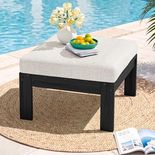 SERWALL Outdoor Ottoman with Cushions for Sofa Set, Black HDPE Frame with Beige Cushions