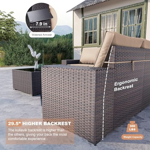 Kullavik 6PCS Outdoor Patio Furniture Set PE Wicker Rattan Sectional Sofa Patio Conversation Sets,Khaki