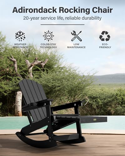 YEFU Outdoor Rocking Chairs Set of 2, Adirondack Chair with Retractable Ottoman, Adjustable Adirondack Rocking Chair,Rockings Chairs Outside,Weather Resistant,for Patio,Porch,Lawn,Heavy Duty,Black