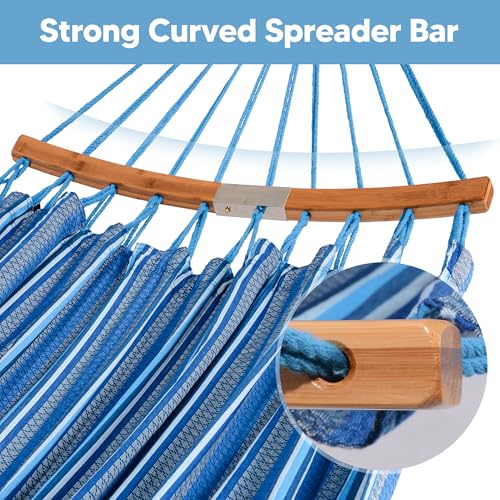 SUNCREAT Hammocks Double Hammock with Curved Spreader Bar, Outdoor Portable Hammock with Carrying Bag & Tree Straps for Bedroom, Patio, Backyard, Balcony, Max 450lbs Capacity, Blue