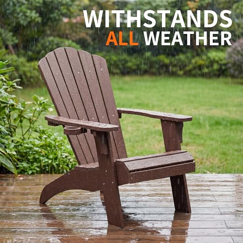 Psilvam Adirondack Chair, Oversized Poly Lumber Fire Pit Chair with Cup Holder, 350Lbs Support Patio Chairs for Garden, Weather Resistant Outdoors Seating, Relaxing Gift for Father & Mother (4, Brown)