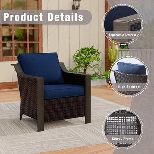 Qsoer Outdoor Wicker Chair Set of 2, All-Weather Use Patio Rattan Chair with Removable Water-Resistant Cushion, Ideal for Porch, Backyard, Balcony, Poolside, Blue