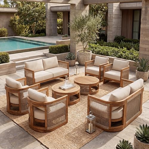 Christopher Knight Home Nesbit 8-Seater Patio Furniture Set with Removable Cushion, 8 Piece Outdoor Acacia Wood Conversation Set, Wooden Outdoor Sectional Sofa Set with Coffee Table, Beige