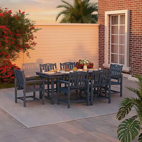Mdeam 7-Piece HIPS Outdoor Dining Set, 66.9" Patio Table with Umbrella Hole, 440LBS Capacity, 6 Wider Chairs, Dining Table Set for 6, Indoor Outdoor Furniture with Galvanized Steel Frame, Navy Blue