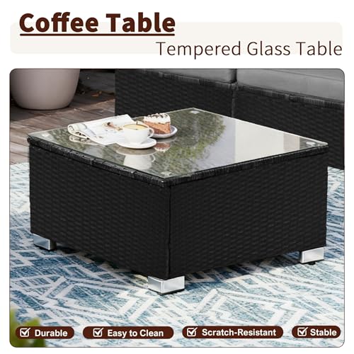 ZJEYEJZ 7 Pieces Black Patio Furniture Set - All-Weather Outdoor Sectional Wicker Conversation Sofa, Rattan Patio Seating Sofa Set with Grey Cushions and Glass Table for Porch Poolside, Spring 2026