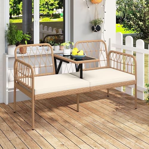 Tangkula Outdoor Loveseat with Built-in Coffee Table, Patio Wicker Conversation Sofa for 2 with Padded Cushion, for Lawn, Garden and Backyard (Off White)