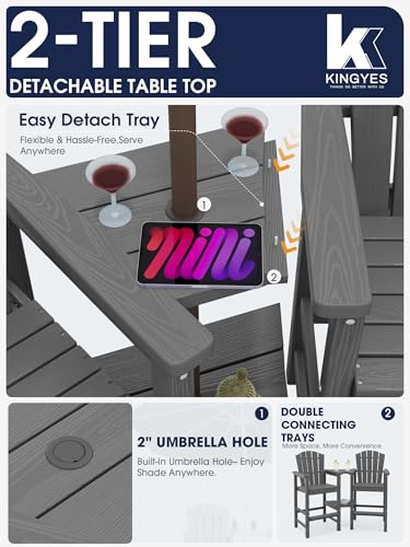 KINGYES Tall Adirondack Chair Set of 2, All-Weather HDPE Outdoor Adirondack Barstools with Removable Double Connecting Trays, High Airondack Chair with Wood Grain, Embossed Balcony Chair, Gray