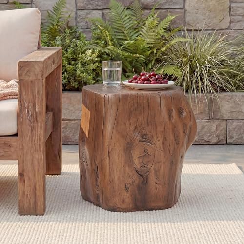 Christopher Knight Home Pawn 17" H MGO Outdoor Side Table with Tree-Stump Design, Patio Decorative Wood-Like Texture End Table, Round Top Lightweight Concrete Garden Stool, No Assembly, Dark Brown