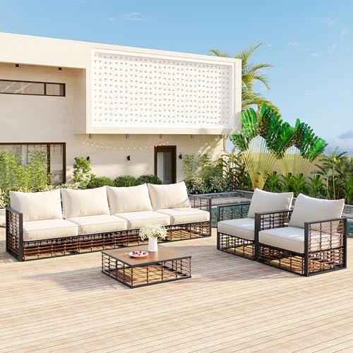 RUNNA Modern Minimalist 7-Piece Metal Patio Sectional Sofa Set, All-Weather Garden Conversational Furniture Set with Thick Cushions and Coffee Table for Indoor Outdoor (Dark Gray Frame+ Brown Ratta)