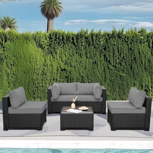 WAROOM Outdoor 5 Piece Patio Furniture Set, Black Rattan Conversation Couch Resin Wicker Sectional Sofa Outside Chair with Coffee Table, Grey Cushion