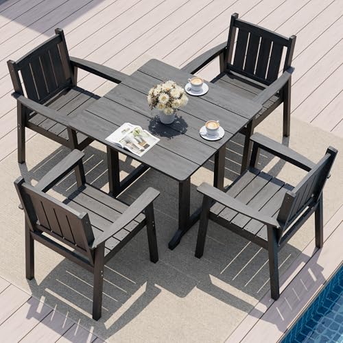 Pamapic 5 PCS Outdoor Dining Set, Spacious HDPE Outdoor Table and Chairs, Wood Grain Patio Furniture Sets with Elegant Armrest, All-Weather Patio Dining Table with Umbrella Hole, Gray