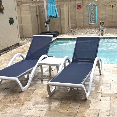 PURPLE LEAF Patio Chaise Lounge Chair Set of 3 Outside Aluminum Plastic Stackable Tanning Chairs with Armrests and Side Table for Pool Sunbathing Beach Deck Outdoor Lounger, Navy Blue
