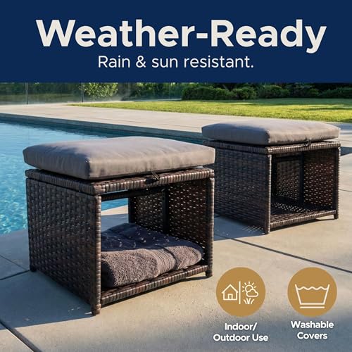 EZ Pro Goods Outdoor Storage Ottoman (Set of 2) - All-Weather Wicker Patio Footstool with Washable Cushions - Sturdy Rattan Foot Rest & Hidden Box for Deck, Porch, Backyard & Balcony