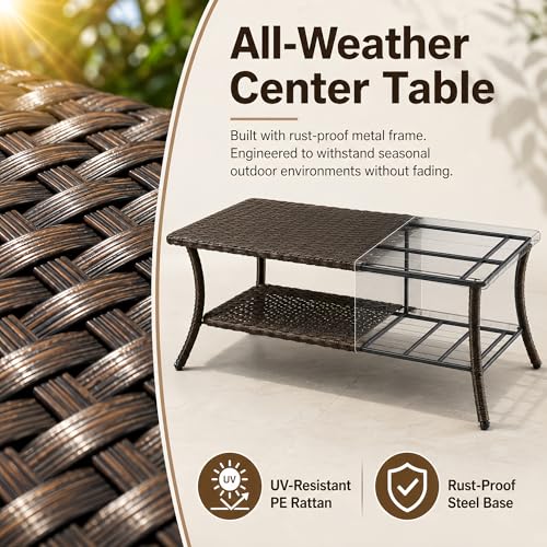 HUMMUH 42-inch 2-Tier Outdoor Patio Coffee Table, Brown PE Rattan Center Table with Powder-Coated Metal Frame for Garden, Backyard, Porch Storage