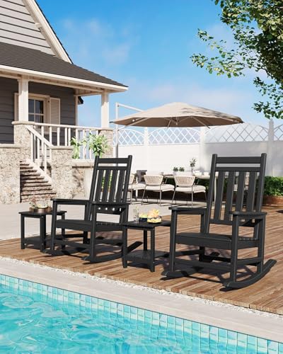 Garvee HDPE Rocking Chair Outdoor Set of 2 with Side Table - Poly High Back Porch Rocker Chairs for Adults - All Weather Resistant Furniture for Patio Front Porch - Black