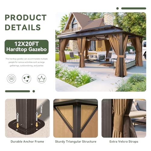 Aoxun 12'x20' Hardtop Gazebo, Aluminum Frame Permanent Pavilion with Curtains and Netting, Outdoor Polycarbonate Double Roof Canopy, Designed for Garden, Lawns, Patio