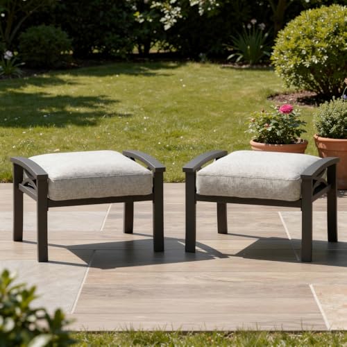 FansaFurn Outdoor Ottoman Set of 2, Multipurpose Metal Outdoor Patio Furniture for Backyard, Proch, Additional Seating, Side Table with Removable Washable Cushions, Khaki/Khaki