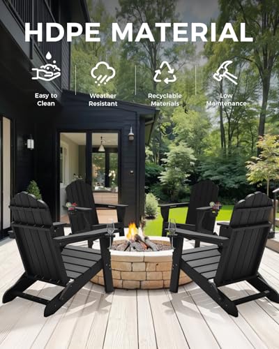 Eesdom Folding Adirondack Chair,All-Weather HDPE Fire Pit Chair with 2 Cup Holders, Plastic Outdoor Chair for Patio Deck Garden Lawn, Black
