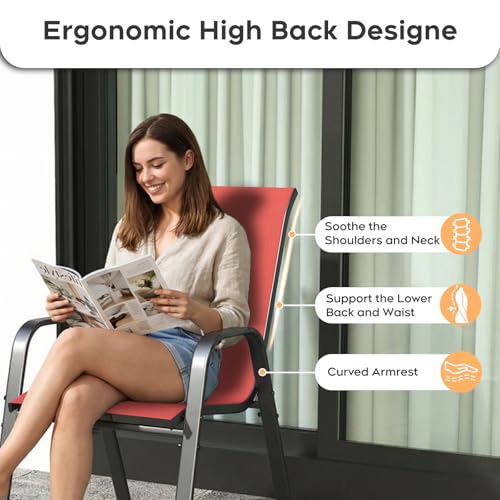 Patio Dining Chairs Set of 6 Outdoor Stackable Dining Chairs for All Weather 350lbs Capacity Heavy Duty Textilene Fabric Rustproof Metal Frame Patio Furniture for Backyard Garden Poolside ( Red )