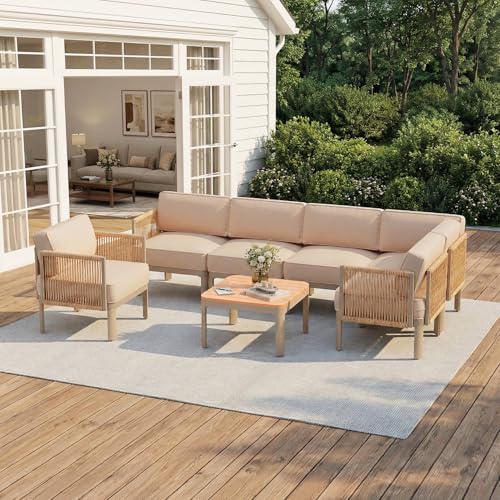 EROMMY 7 Pieces Patio Sectional Furniture Set, Aluminum Frame Outdoor Conversation Set with Single seat, 6" Thick Cushions & Coffee Table, All-Weather Sofa for Poolside, Deck & Backyard, Beige