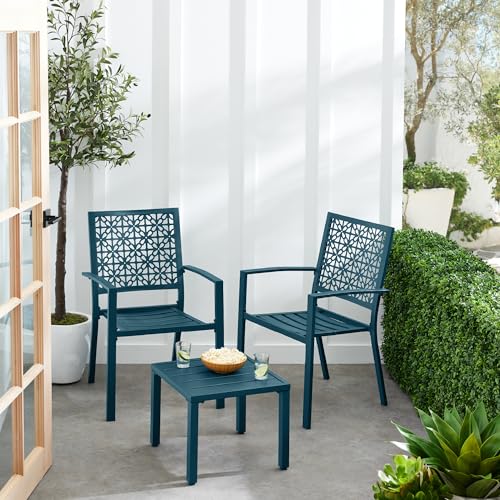 Best Choice Products 3-Piece Outdoor Bistro Set, Stackable Modern Steel Furniture for Porch, Garden w/ 2 Chairs, Table, Geometric Decor - Peacock Blue