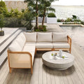 Merax 5 Piece Patio Outdoor Furniture Set, All-Weather Rattan Wicker L-Shaped Sectional Sofa w/Coushions, Acacia Wood 5-Seater Couch Set for Porch, Lawn, Backyard, Balcony, Teak+ Beige