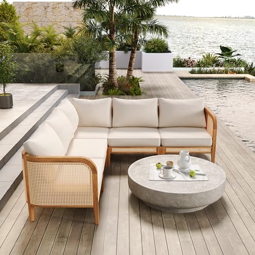 Merax 5 Piece Patio Outdoor Furniture Set, All-Weather Rattan Wicker L-Shaped Sectional Sofa w/Coushions, Acacia Wood 5-Seater Couch Set for Porch, Lawn, Backyard, Balcony, Teak+ Beige