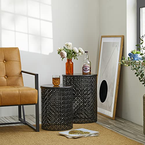 Glitzhome Outdoor Side Table Set of 2, Decorative Garden Stool for Patio Heavy Duty Metal Frame Accent Table Modern End Table, Glossy Black