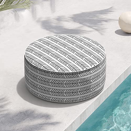 TWLEAR Indoor/Outdoor Inflatable Ottoman D21 x H9 inch, Round Footstool Inflatable Foot Rest Ottoman with Handle, Portable Ottomans Pouf for Patio, Garden, Camping, Home, Herringbone Black White