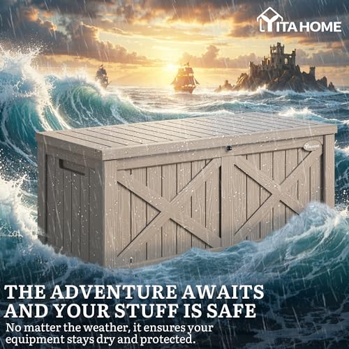 YITAHOME 150 Gallon Large Deck Box with X-Shaped Front, Resin Outdoor Storage Boxes, Waterproof Cushion Storage Bench for Patio, Pool Supplies, Garden Tools - Lockable, Taupe