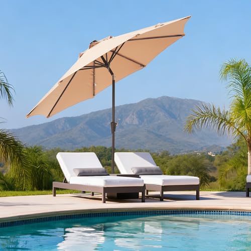 Tioline 9FT Solar-Powered LED Patio Umbrella with Tilt Crank,Outdoor Market Umbrella with 32 Lights,Sunshade for Deck, Garden and Pool,Beige