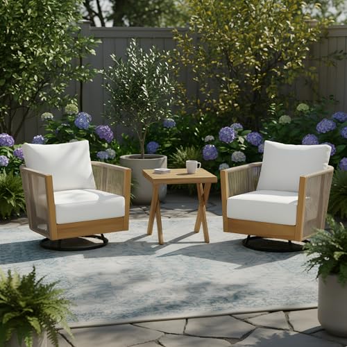Christopher Knight Home Outdoor Swivel Rocking Chair Set of 2 with Cushion & Cross Base Side Table, Acacia Wood Patio Swivel Rocker Chair Set 360 Degree Porch Chairs for Backyard Balcony, Natural/Teak