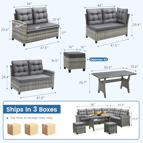 KROFEM 6-Piece Patio Furniture Set, Outdoor Sectional Sofa with Dining Table & Chairs, All-Weather Dining Set with Removable Cushion Covers, Ideal for Garden, Porch, Backyard, Grey