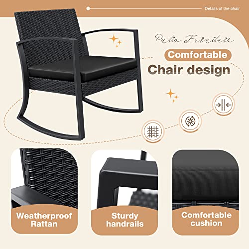 Greesum 3 Pieces Outdoor Furniture Set Patio Bistro Rocking Chairs with Glass Coffee Table for Pool Beach Backyard Balcony Porch Deck Garden, Dark Black