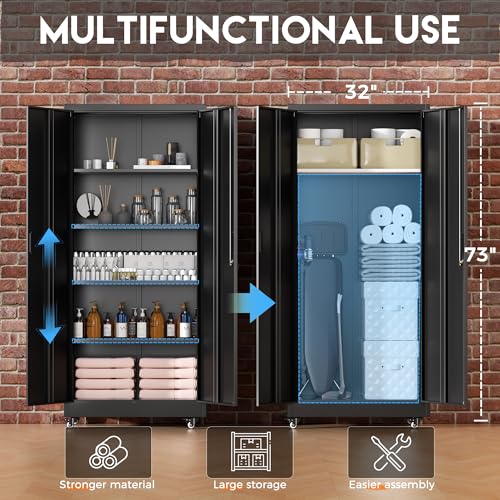 Greenvelly Metal Garage Storage Cabinet with 4 Swivel Wheels, 73” Black Storage Cabinet on Wheels, Rolling Tool Cabinet with Locking Doors and Shelves for Garage, Basement, Home, Warehouse