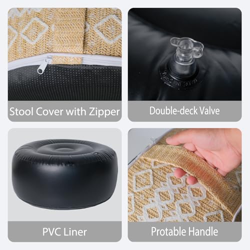 GLADTRAX Outdoor Inflatable Ottoman with Air Pump, Embroidery Patio Footrest Stool D21”x H9”, Round Pouf Ottoman with Portable Handle Suitable for Garden, Camping, Bedroom, Living Room
