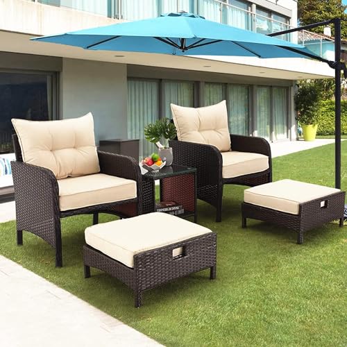 AVAWING 5 Pieces Patio Furniture Set, Outdoor Rattan Chairs with Tempered Glass Coffee Table, Ottomans & Soft Cushions, Wicker Conversation Bistro Set for Garden, Deck, Balcony, Poolside(Khaki)